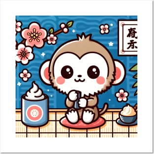 Cute Little Flower Monkey Drinking Tea and Eating Ice Cream Japanese Classic Art Posters and Art